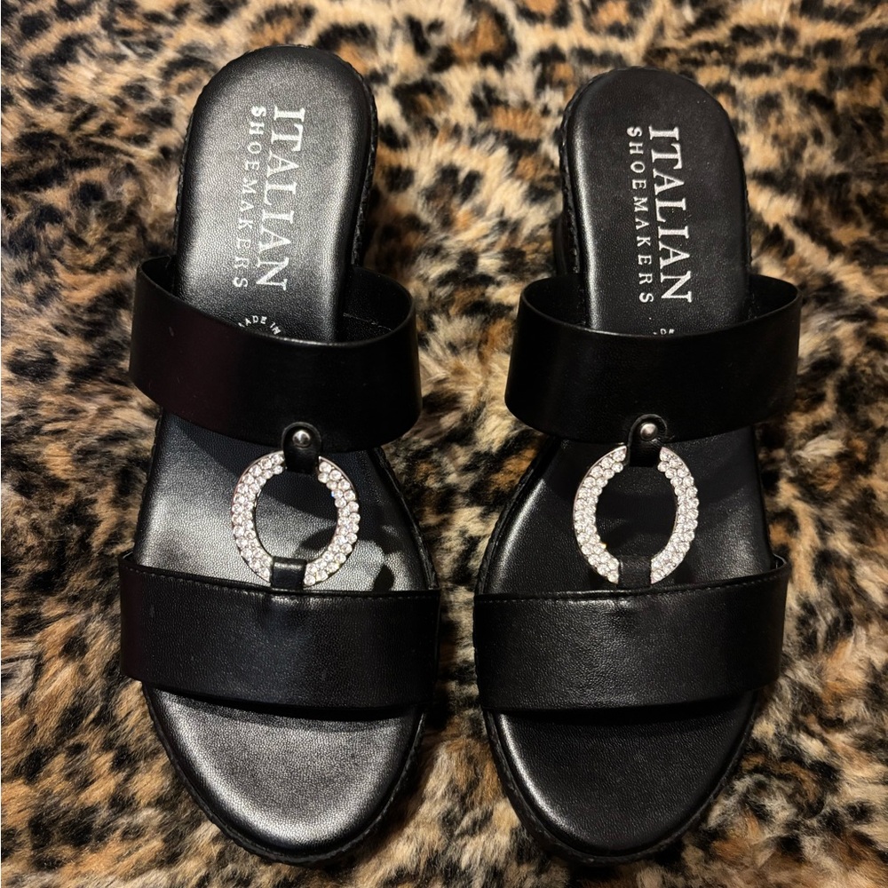 Italian Shoemakers Black Sandals with Rhinestone Accent